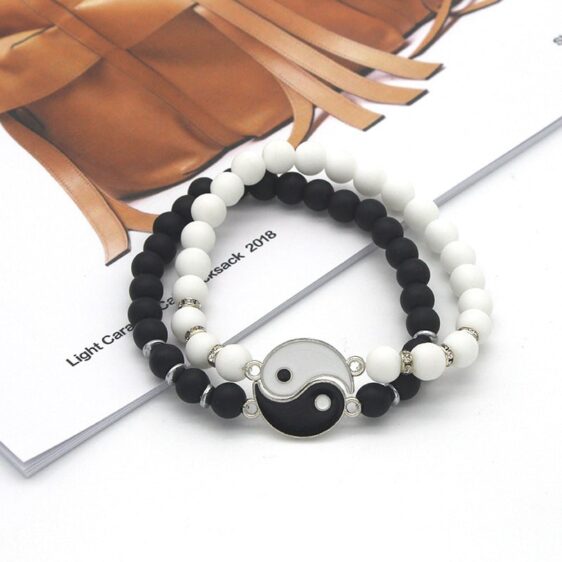 Black White Natural Stone Yin Yang Bracelet for Couples