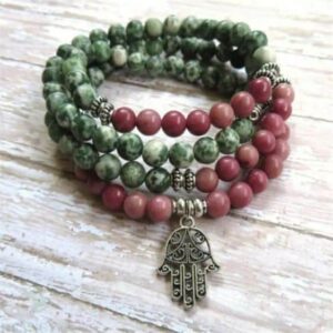 6mm 108 Rhodonite & Green Jade Beads Yoga Charm Hamsa Hands Bracelet